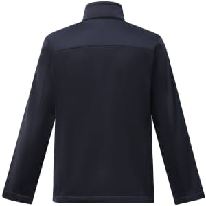 A navy men's sustainable softshell corporate jacket with a collar and long sleeves, featuring a logo.