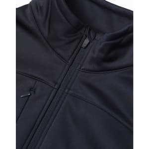 A black sustainable softshell jacket featuring a zip closure and a high collar, with an attached logo.