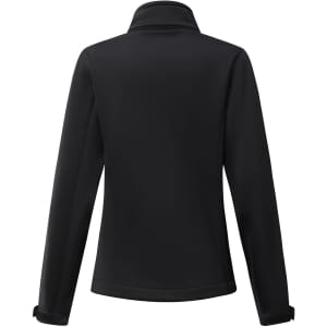 A black sustainable softshell corporate jacket with a high collar and long sleeves, featuring a logo on the back.