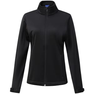 A softshell corporate jacket for ladies in black, featuring a zip front and a collar. It has a logo.
