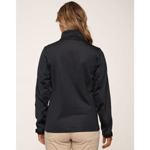 A black ladies' sustainable softshell corporate jacket displayed from the back, featuring a smooth, fitted design.