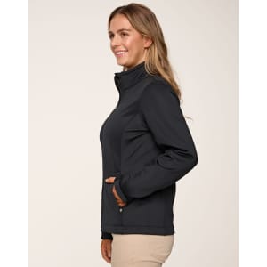 A women's softshell jacket in dark navy, featuring a high collar and side pockets, with a logo on the chest.