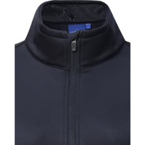 A navy sustainable softshell corporate jacket featuring a zip collar and inner mesh lining, with a brand logo.