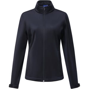 A dark navy softshell corporate jacket for ladies, featuring a zip front and a collar, with side pockets.