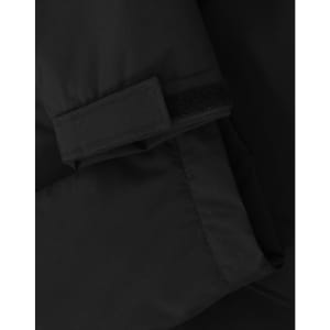 A close-up of a black unisex quilted waterproof jacket featuring a Velcro cuff and smooth fabric texture.