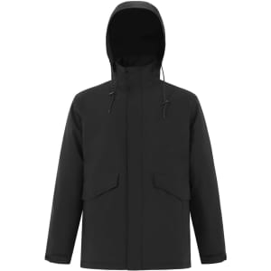 A black unisex quilted waterproof jacket with a hood and two front pockets, featuring a logo.