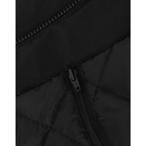 A close-up of a black unisex quilted waterproof jacket featuring a zip closure and textured fabric.