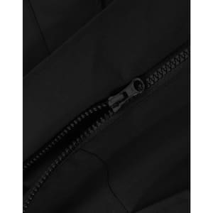 A black quilted waterproof jacket featuring a zipper detail. The fabric appears smooth and durable.