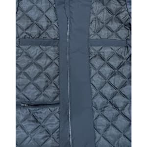 A unisex quilted waterproof jacket in dark grey, featuring a front zipper and multiple pockets. The fabric has a diamond pattern.