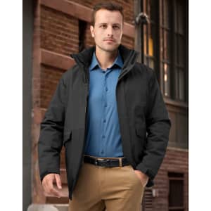 A unisex quilted waterproof jacket in black, featuring a hood and front pockets, worn by a model outdoors.