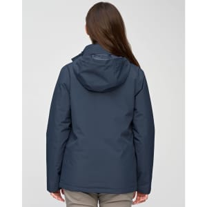 A unisex quilted waterproof jacket in navy, featuring a hood and a logo, viewed from the back.