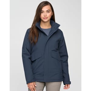 A unisex quilted waterproof jacket in navy blue, featuring a high collar and two front pockets. It has a logo on it.