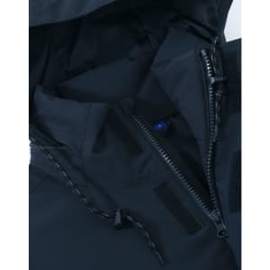 A unisex quilted waterproof jacket in navy, featuring zippers and adjustable toggles. Includes branding details.