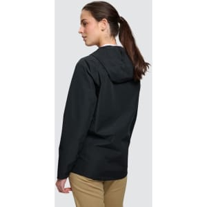 A unisex black waterproof jacket with a hood, featuring a sleek design and a logo on the back.