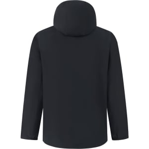 A waterproof jacket in black with long sleeves and a hood, featuring a logo on the back.