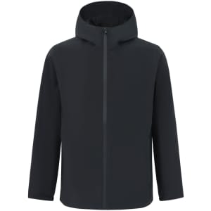 A unisex black waterproof jacket with a hood and front zipper, featuring a logo on the material.
