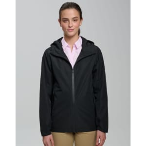 A unisex black waterproof jacket with a hood, featuring a front zip and a branding logo.