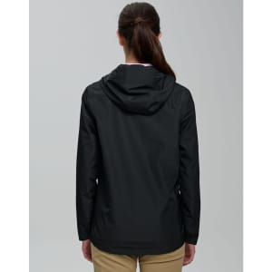 A waterproof unisex jacket in black with a hood, featuring a logo on the back.