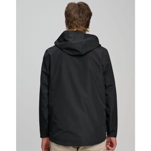 A unisex waterproof jacket in black, featuring a hood and back view design. Includes branding on the jacket.