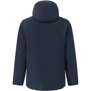 A waterproof jacket in navy blue with a hood, featuring a logo on the back.
