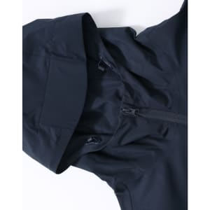 A unisex pro performance waterproof jacket in navy blue, featuring a hood and zip closure. It has a logo on the fabric.