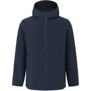 A navy unisex waterproof jacket with a hood and zippered front, featuring side pockets and a logo.