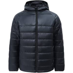 A lightweight hooded puffer jacket in navy blue with a zip front and a logo on the sleeve.
