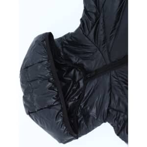 A black lightweight hooded puffer jacket with a zipper and a structured hood. The material appears smooth and glossy.