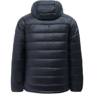 A lightweight hooded puffer jacket in black with a puffy quilted design and a rear view. It features a logo.