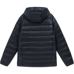 A lightweight hooded puffer jacket in black, featuring a padded design and a hood at the back.