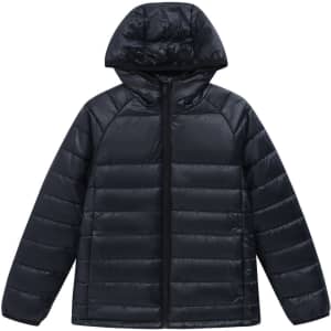 A black, lightweight hooded puffer jacket with a zip front and quilted design. It features a logo on the garment.