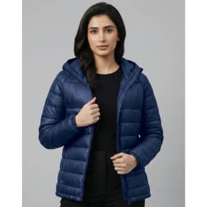A lightweight hooded puffer jacket in navy blue, featuring a zip front and a branded logo.