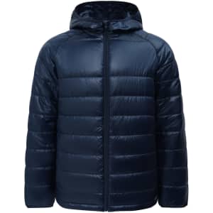 A navy blue lightweight hooded puffer jacket with a sleek finish and a zip front. Features a logo on the jacket.