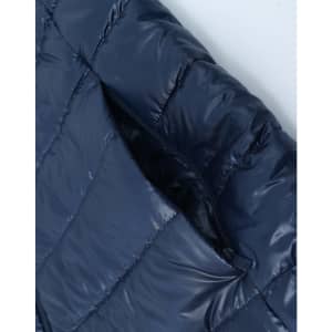 A navy blue lightweight puffer jacket featuring a zippered pocket and a hood, with a glossy finish.