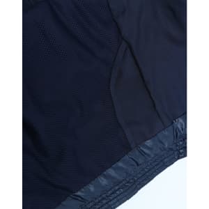 A navy hooded puffer jacket featuring a lightweight design and mesh detailing on the interior lining.