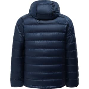 A dark navy lightweight hooded puffer jacket with a quilted design and a hood. It features a logo on the back.