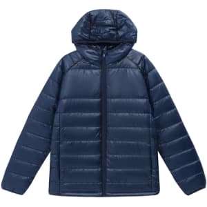 A lightweight, sustainable hooded puffer jacket in navy blue, featuring a zip front and a branded logo.