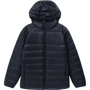 A lightweight hooded puffer jacket in navy blue, featuring a zip front and a hood. Includes a logo on the jacket.