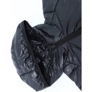 A black kids' puffer jacket featuring a lightweight design and a hood, with a visible zip closure.