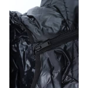 A black lightweight hooded puffer jacket featuring a zipper and a smooth interior lining. It has a branding logo visible.