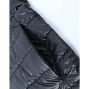 A black lightweight hooded puffer jacket with a zip closure and quilted design. It features a logo on the fabric.