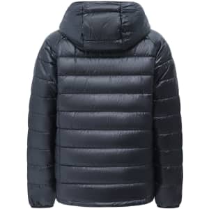 A dark navy lightweight hooded puffer jacket with a quilted design. Features a hood and is suitable for kids.
