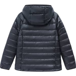 A kids' lightweight hooded puffer jacket in dark grey, featuring a quilted design and a hood. It has a logo on the back.
