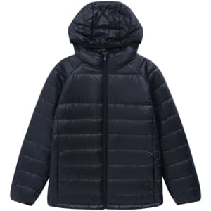 A lightweight hooded puffer jacket in navy blue, featuring a zip front and a smooth finish. It has a logo on the sleeve.