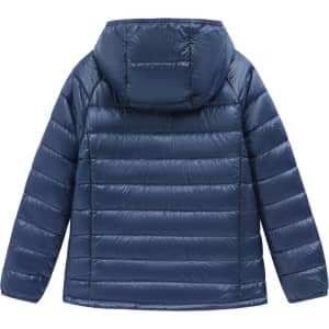 A navy blue lightweight hooded puffer jacket with a quilted design and a hood, featuring a logo on the back.
