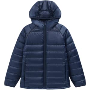 A navy blue lightweight hooded puffer jacket with quilted detailing and a zipper front. It features a logo on the sleeve.
