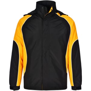 A unisex jacket in black and yellow with a logo, featuring a zip front and high collar.