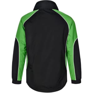 A black and green men's contrast jacket featuring a collar and sporty design, with a logo on the back.