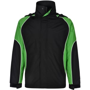 A unisex jacket in black with green accents and a hood. It features a logo on the front.