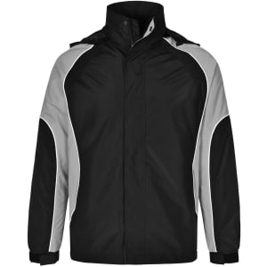 A unisex black jacket with grey detailing and a hood, featuring a logo on the front.